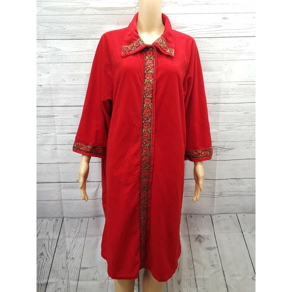 Vtg Smart Time ILGWU Flannel Long Robe Red Floral Trim Crhistmas Sz 40 Snaps